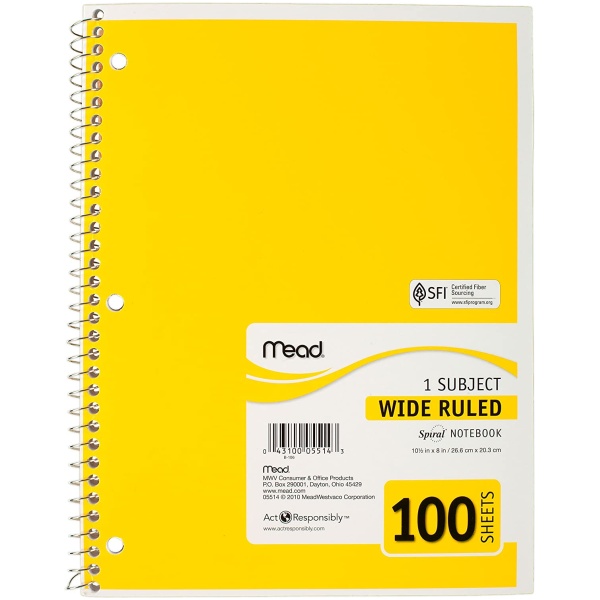 Mead Yellow A4 1 Subject Wide Ruled Spiral Notebook (100 Pages) Hadafy