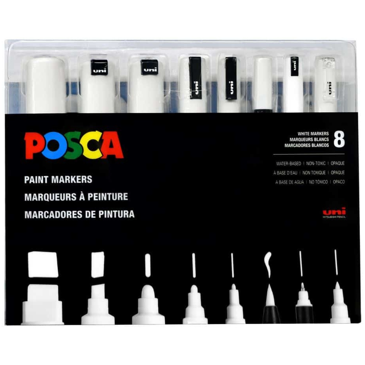 Uni Posca Assorted Sizes White Paint Markers (Set of 8) Hadafy